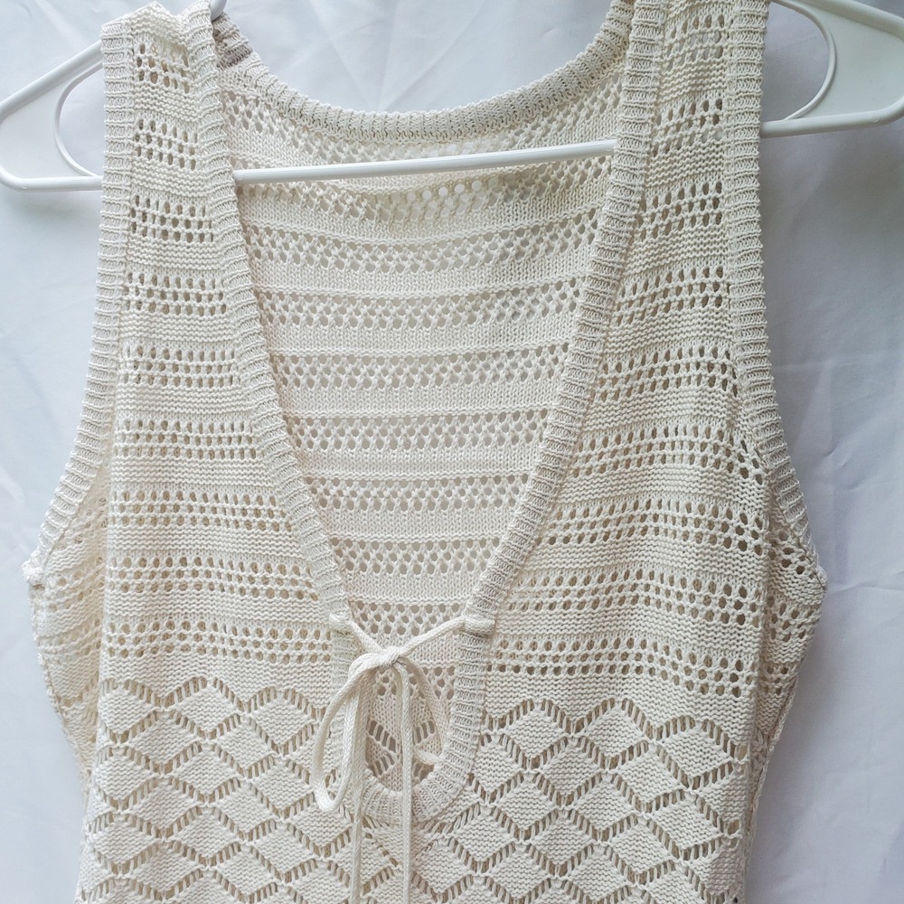 Fairy Season Cream Crochet Knit Swimsuit beach Cover Up Tie Front Mini Dress SM